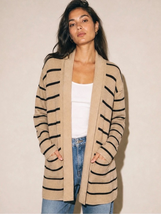 Sweaters - Beige and Black Striped Open-Front Cardigan